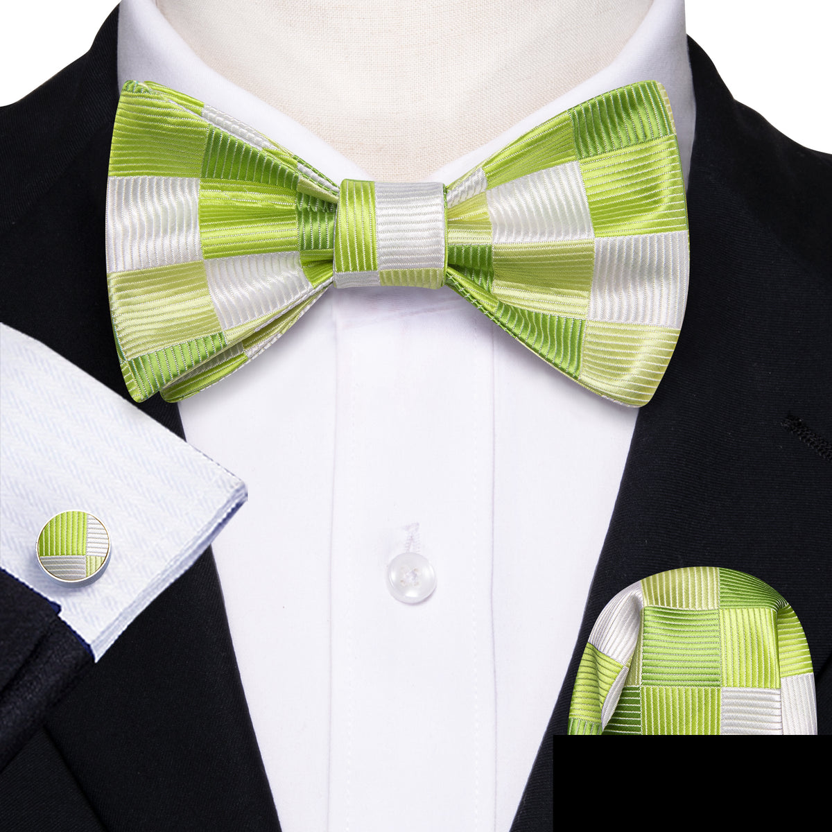Green White Plaid Bow Tie Set - GentCrest - View 2