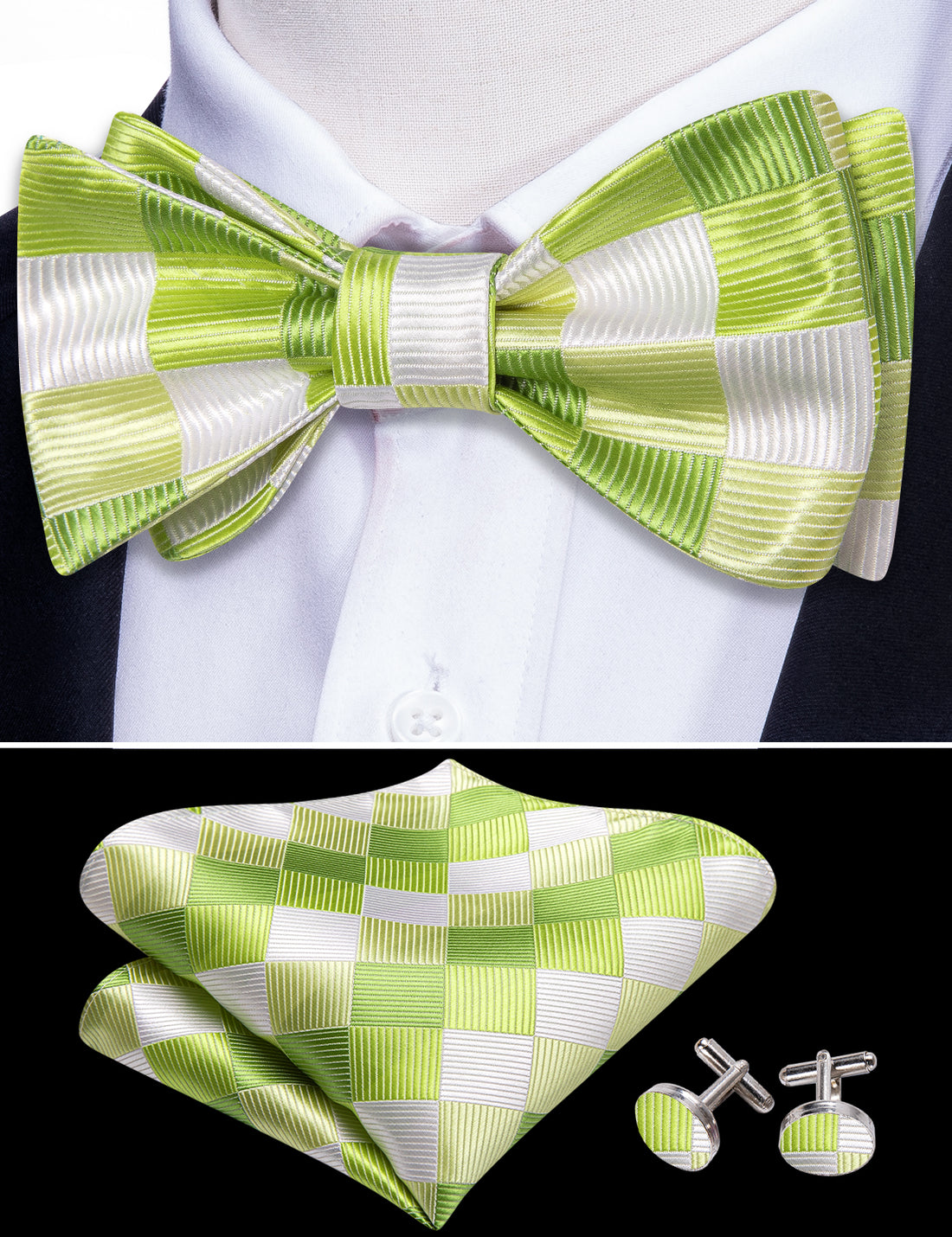 Green White Plaid Bow Tie Set - GentCrest - View 3