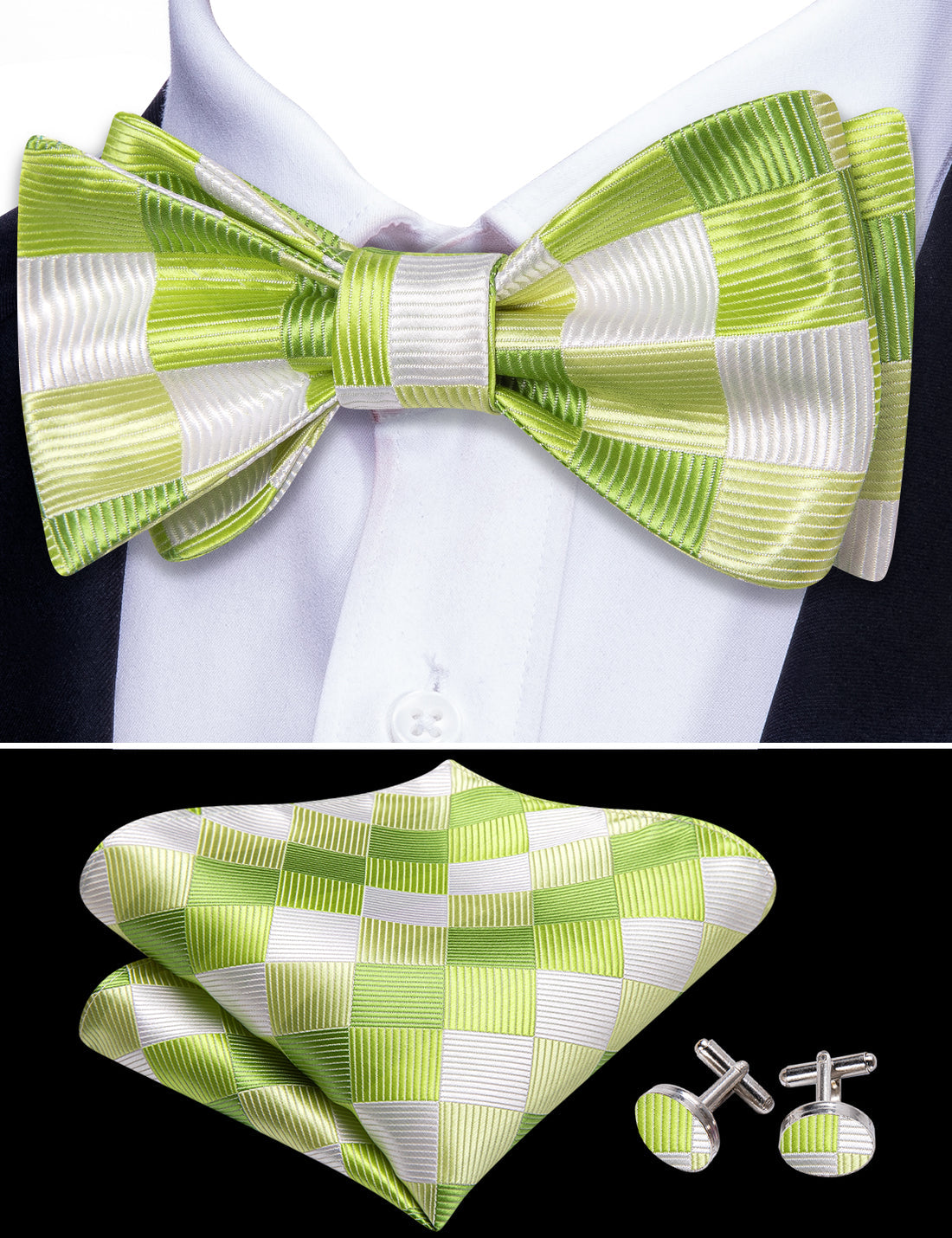 Green White Plaid Bow Tie Set - GentCrest - View 4