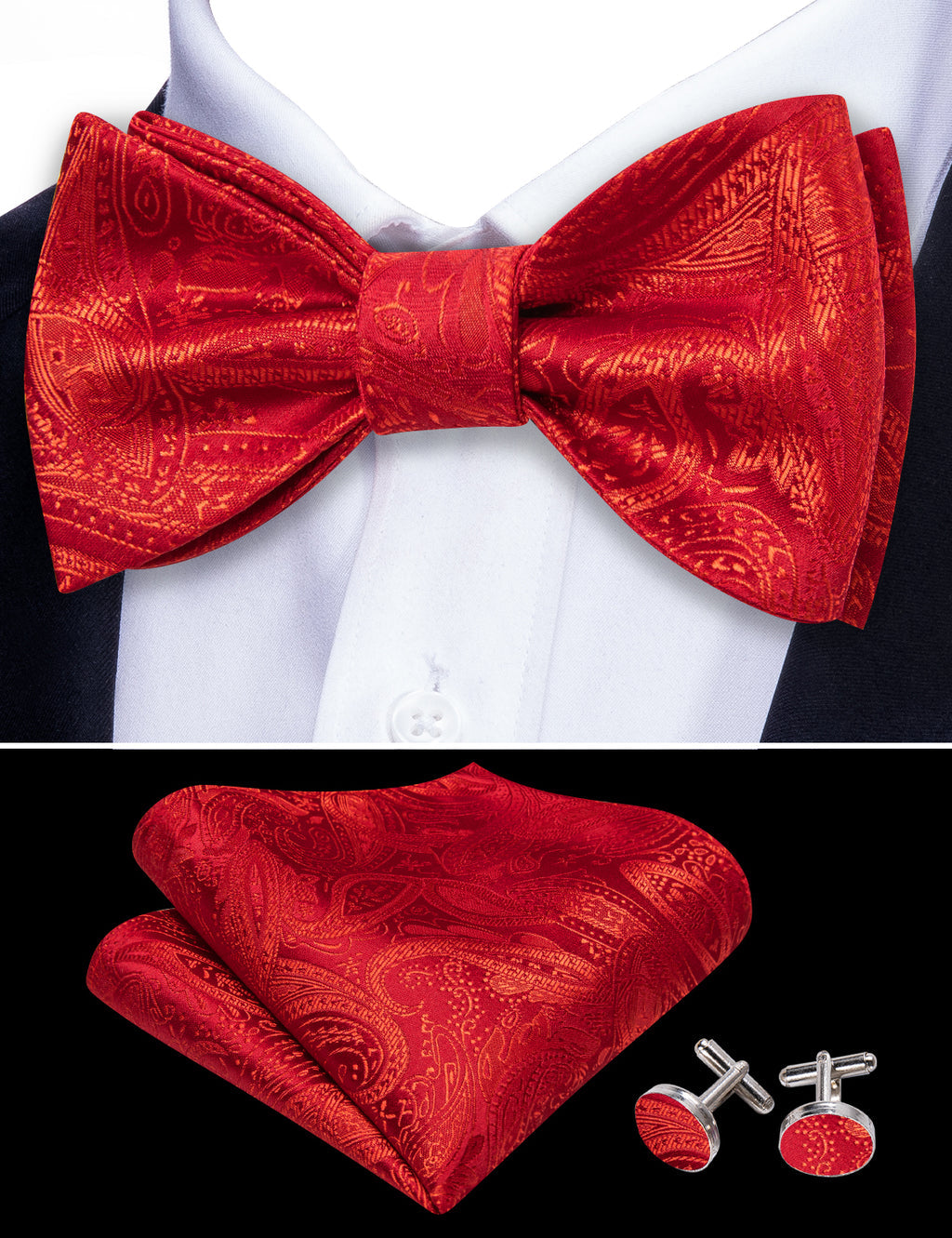 Strong Red Paisley Bow Tie Set - GentCrest - View 4
