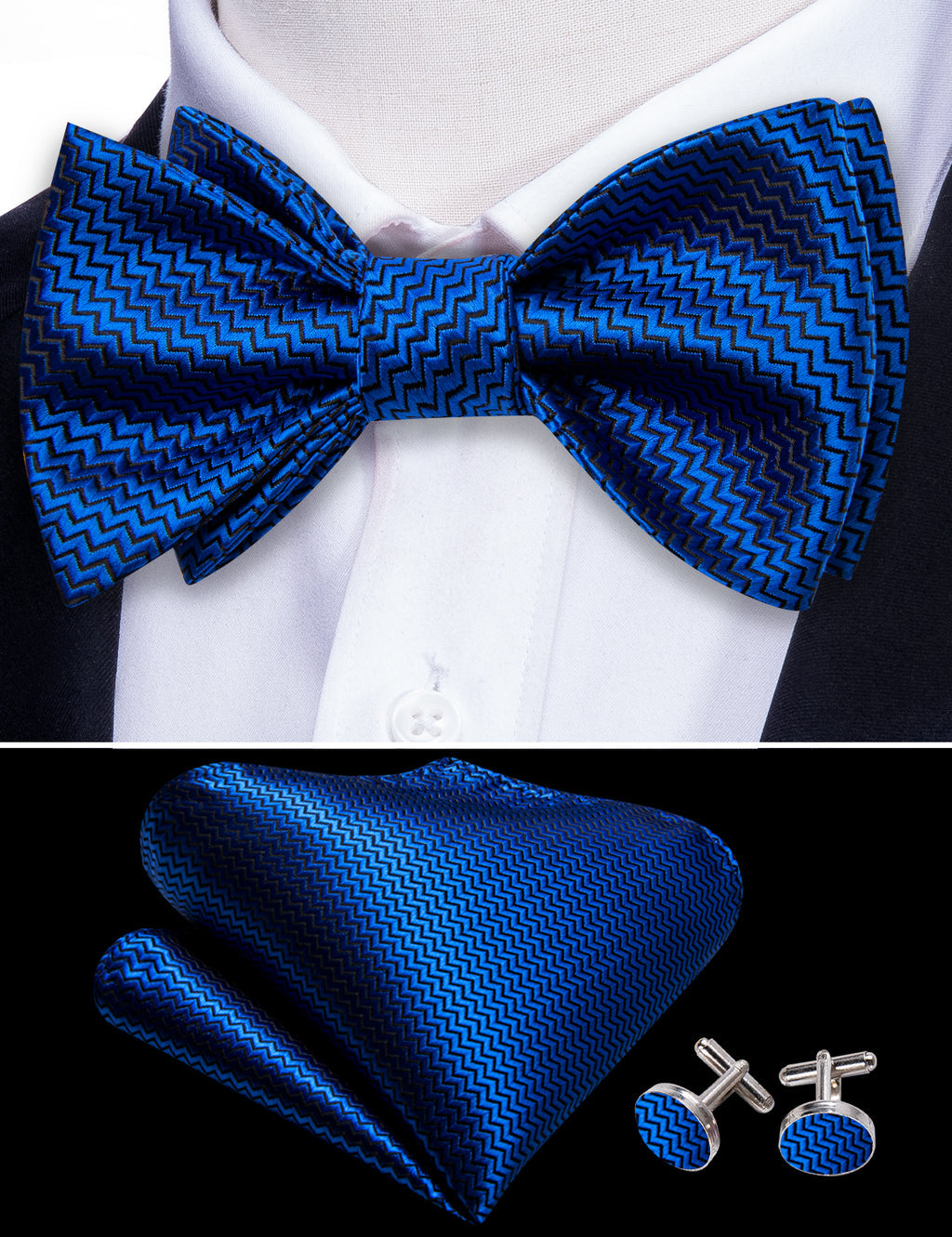 Navy Blue Striped Bow Tie Set - GentCrest - View 3