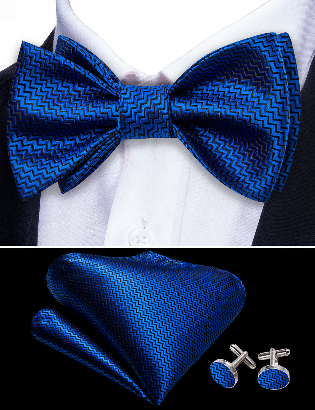 Navy Blue Striped Bow Tie Set - GentCrest - View 6