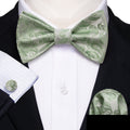 Green Silver Paisley Bow Tie Set - GentCrest