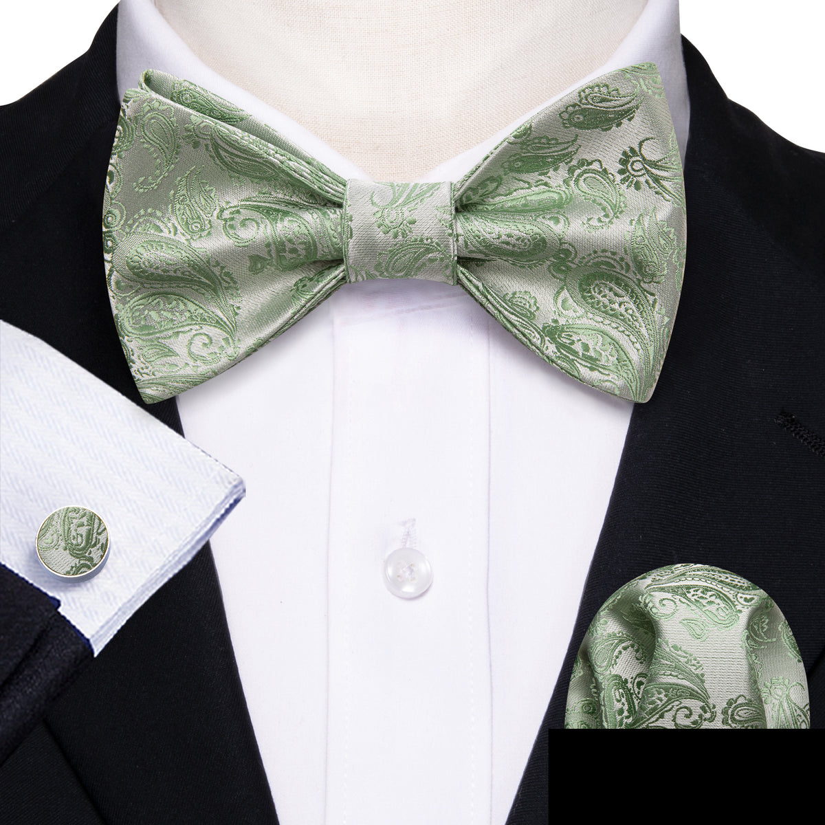 Green Silver Paisley Bow Tie Set - GentCrest