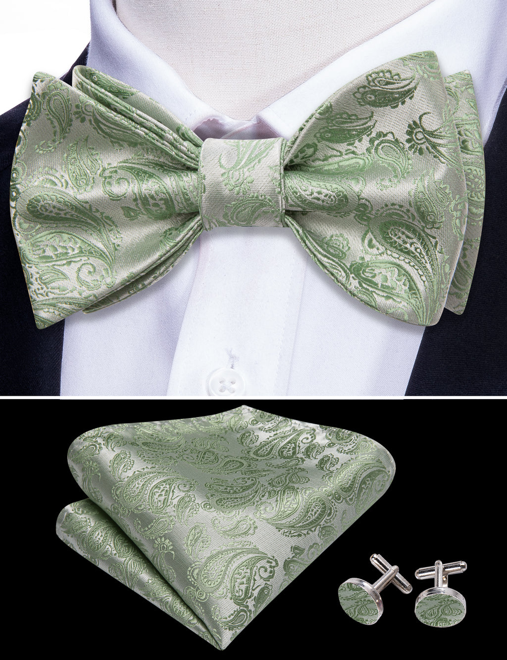 Green Silver Paisley Bow Tie Set - GentCrest - View 2