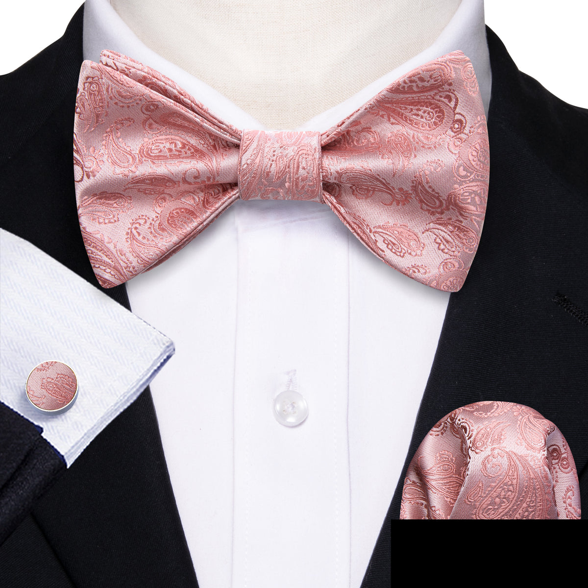 Pink Silver Paisley Bow Tie Set - GentCrest - View 4