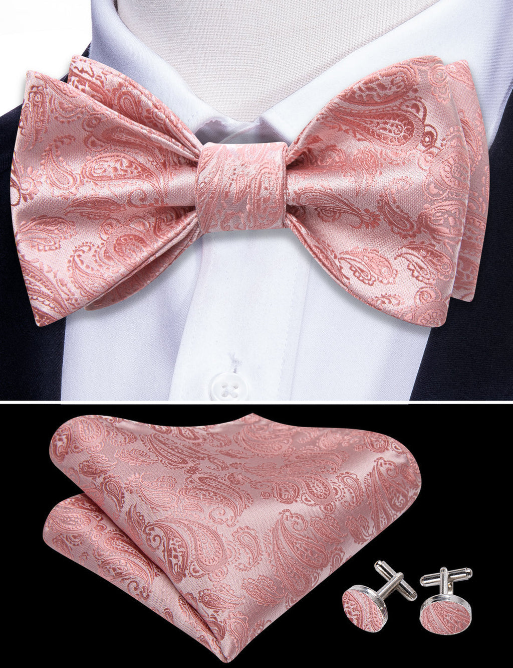 Pink Silver Paisley Bow Tie Set - GentCrest - View 2