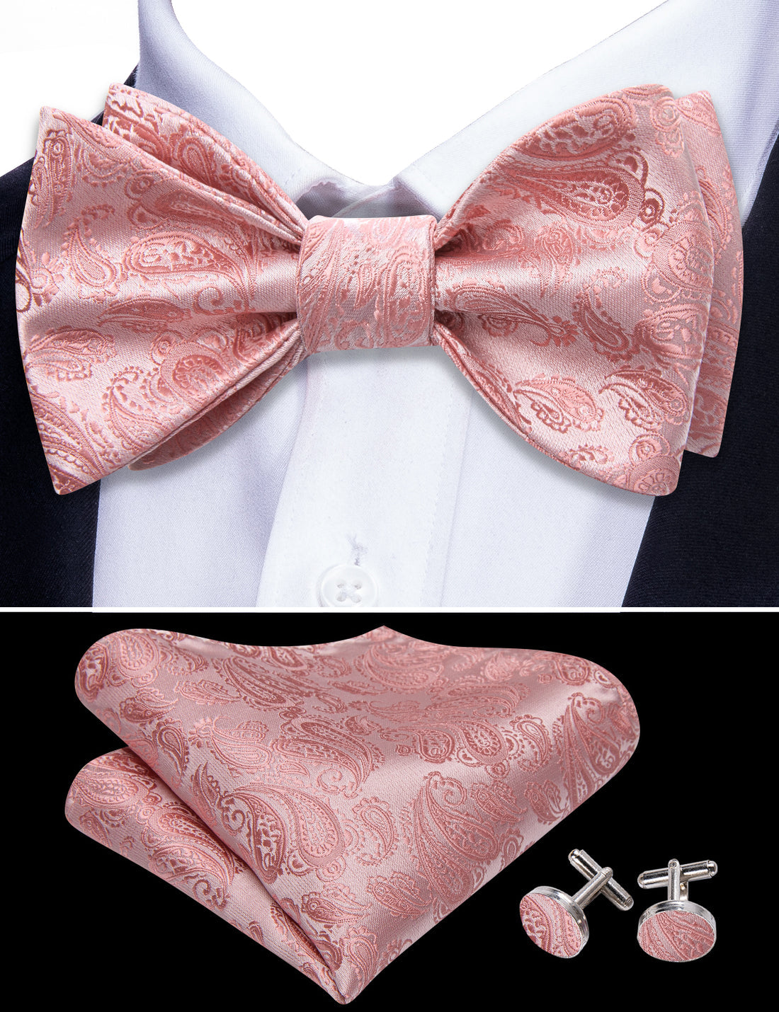 Pink Silver Paisley Bow Tie Set - GentCrest - View 3