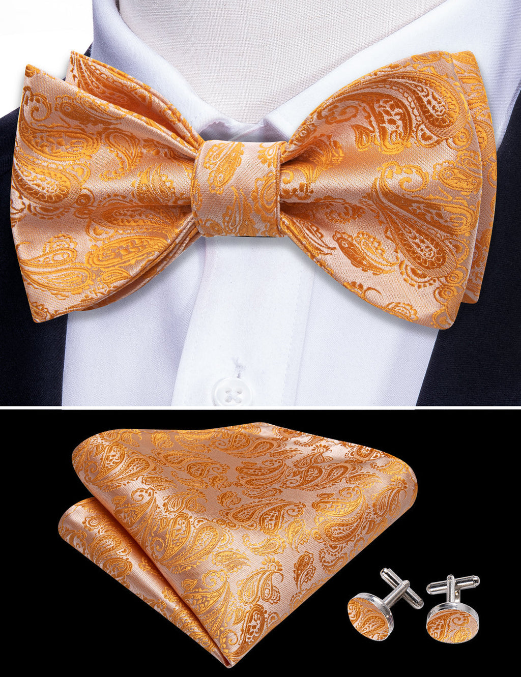 Orange Silver Paisley Bow Tie Set - GentCrest - View 3