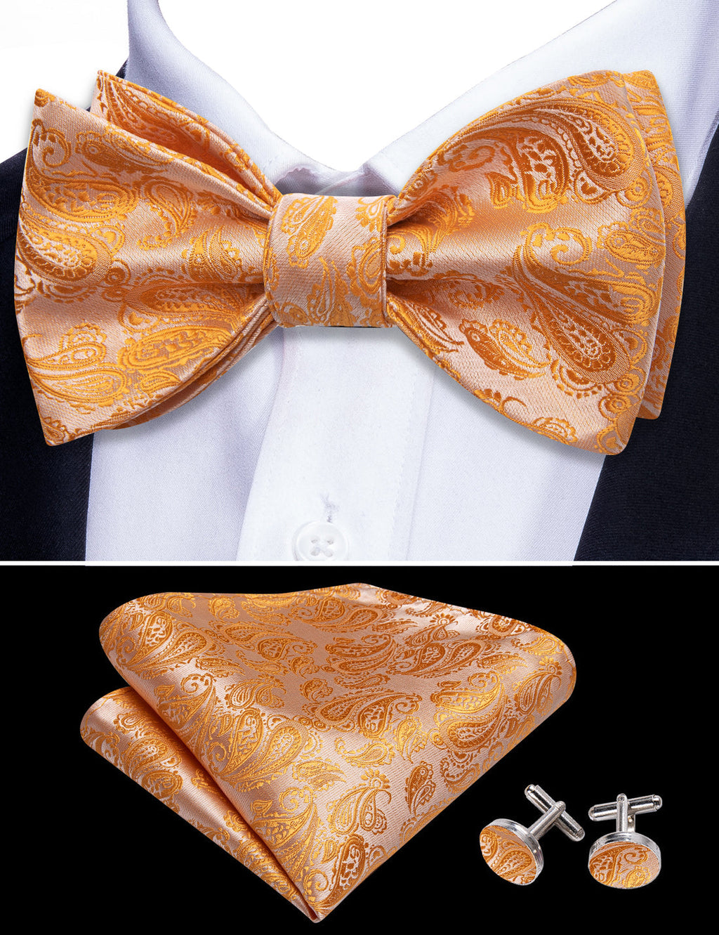 Orange Silver Paisley Bow Tie Set - GentCrest - View 4