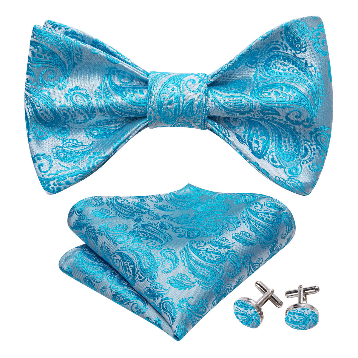 Blue Silver Paisley Bow Tie Set - GentCrest - View 3