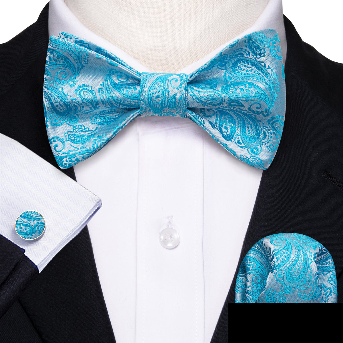 Blue Silver Paisley Bow Tie Set - GentCrest