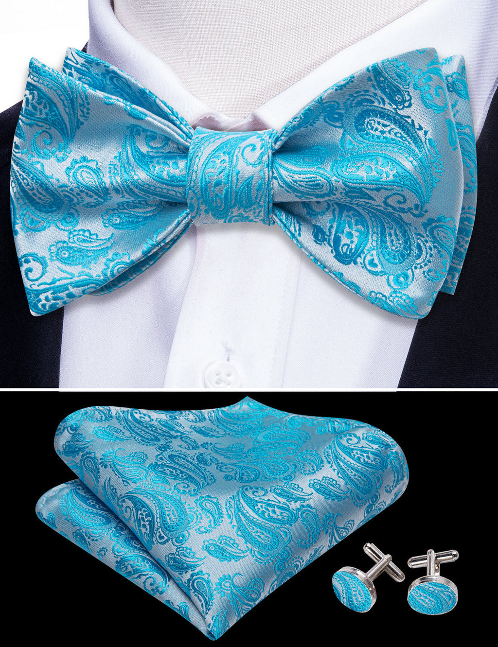 Blue Silver Paisley Bow Tie Set - GentCrest - View 2