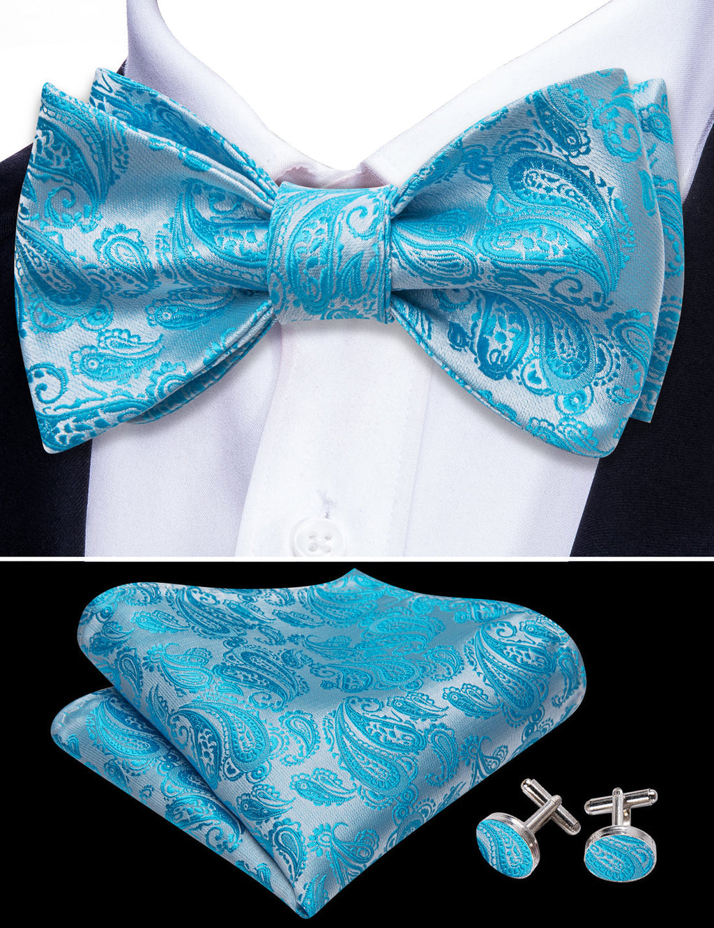Blue Silver Paisley Bow Tie Set - GentCrest - View 5