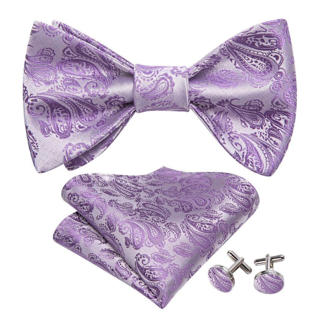 Purple Silver Paisley Bow Tie Set - GentCrest