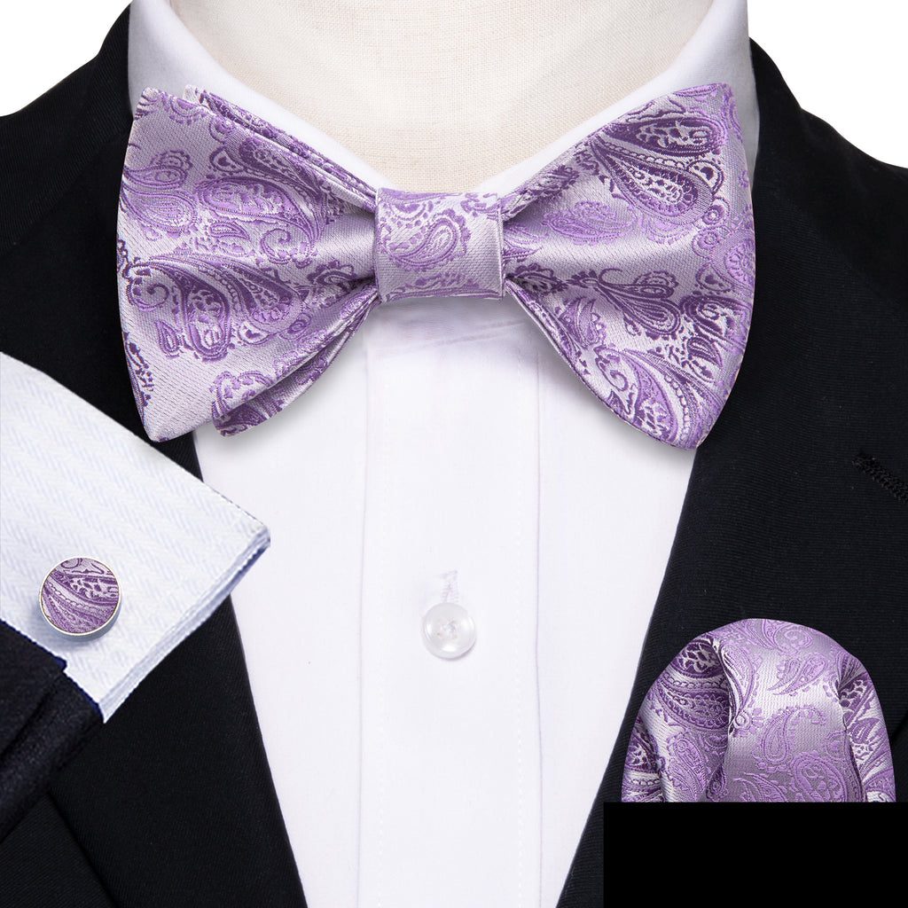 Purple Silver Paisley Bow Tie Set - GentCrest - View 2