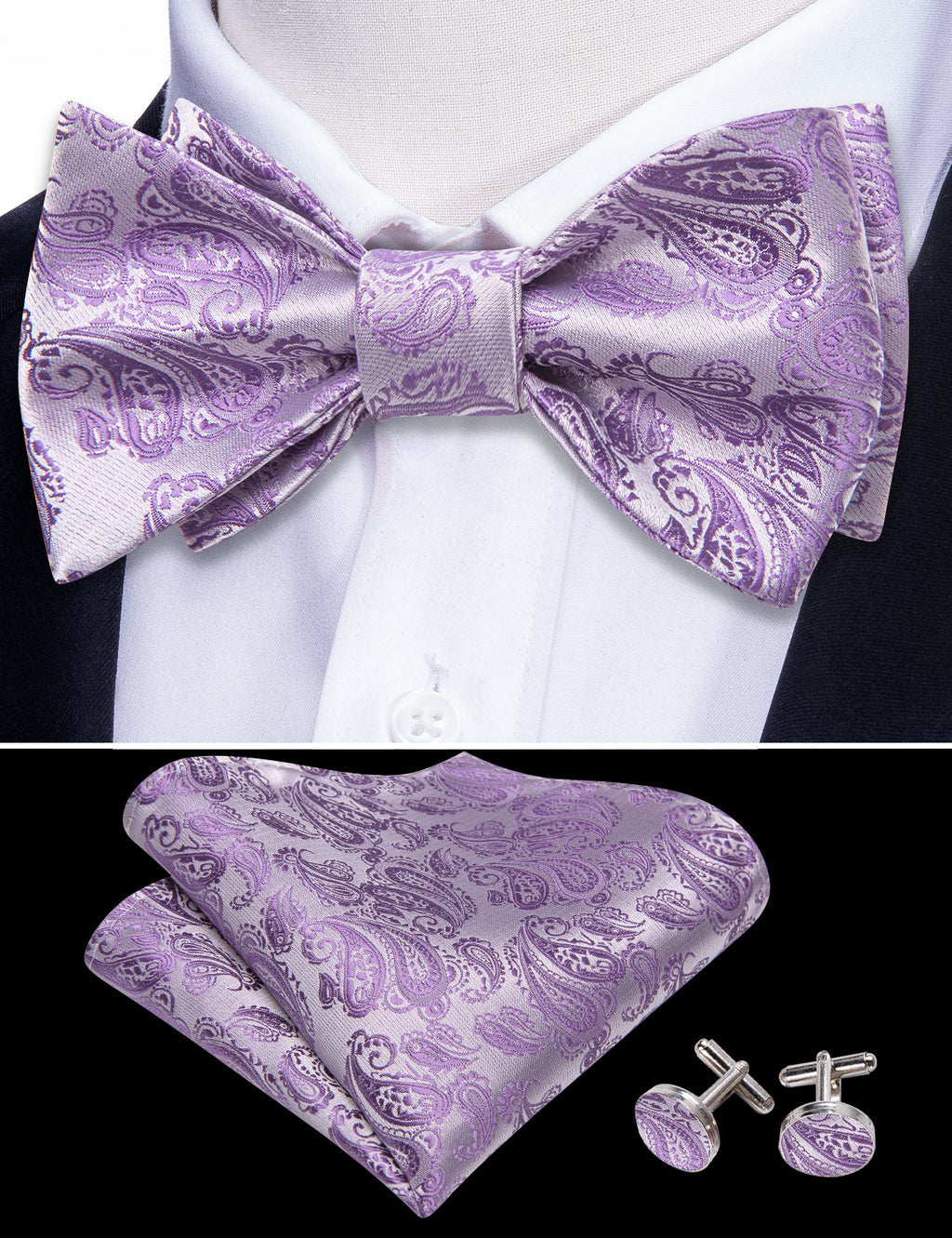 Purple Silver Paisley Bow Tie Set - GentCrest - View 3