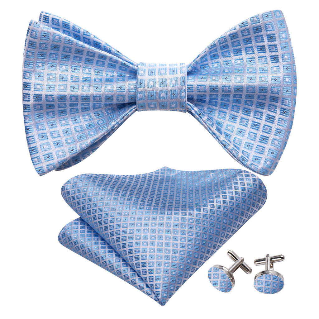 Blue Grey Plaid Bow Tie Set - GentCrest
