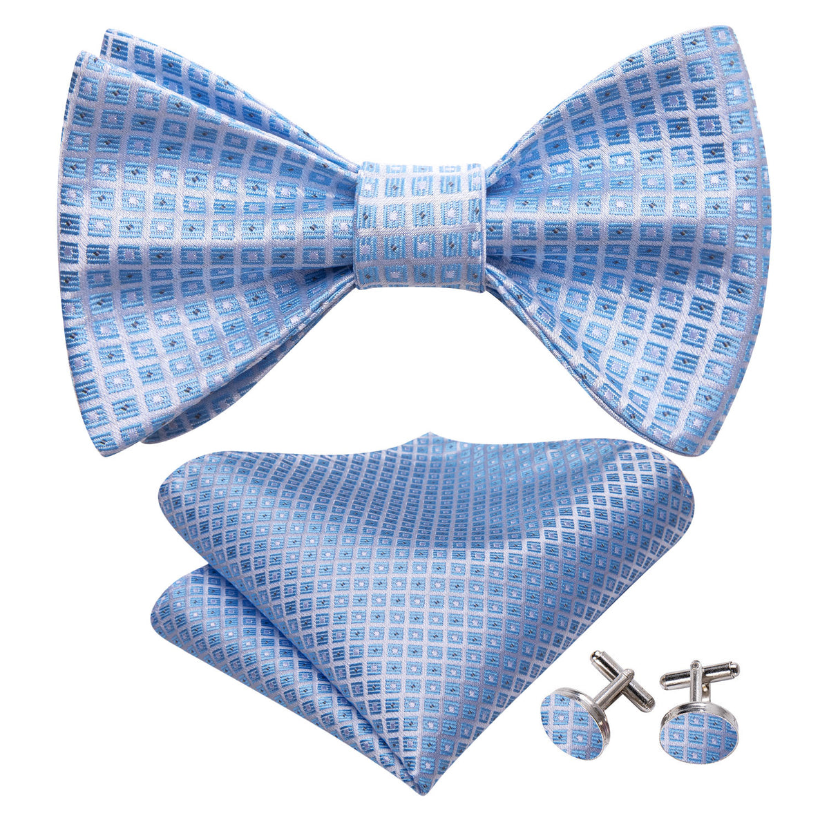Blue Grey Plaid Bow Tie Set - GentCrest