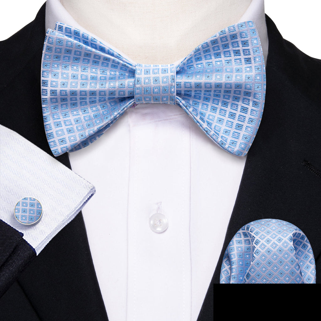 Blue Grey Plaid Bow Tie Set - GentCrest - View 2