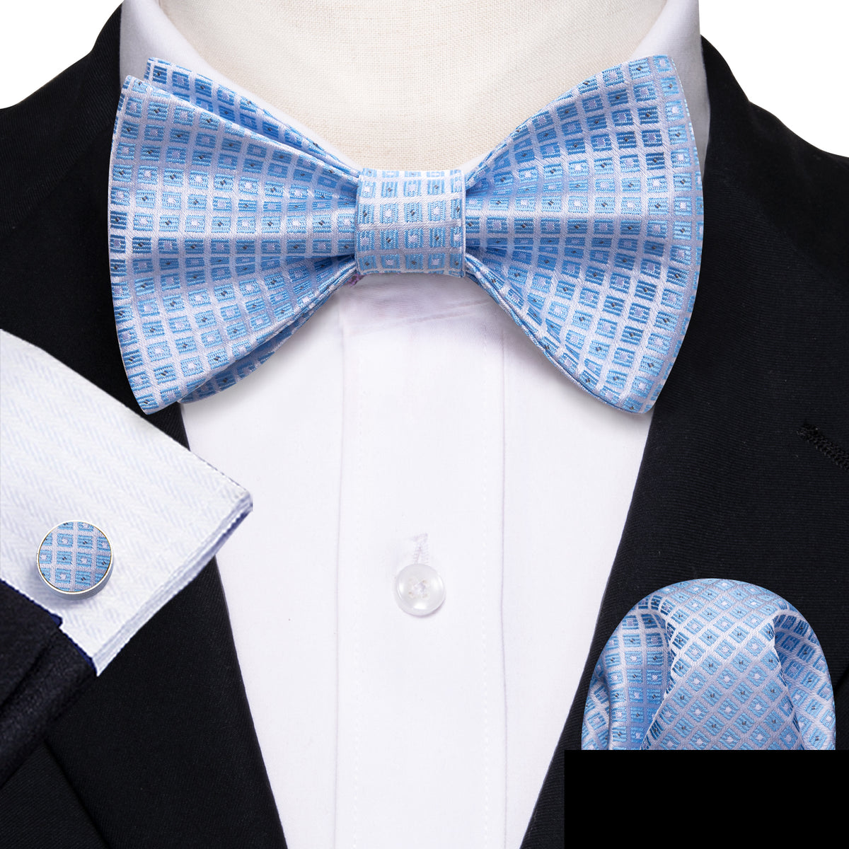 Blue Grey Plaid Bow Tie Set - GentCrest - View 2
