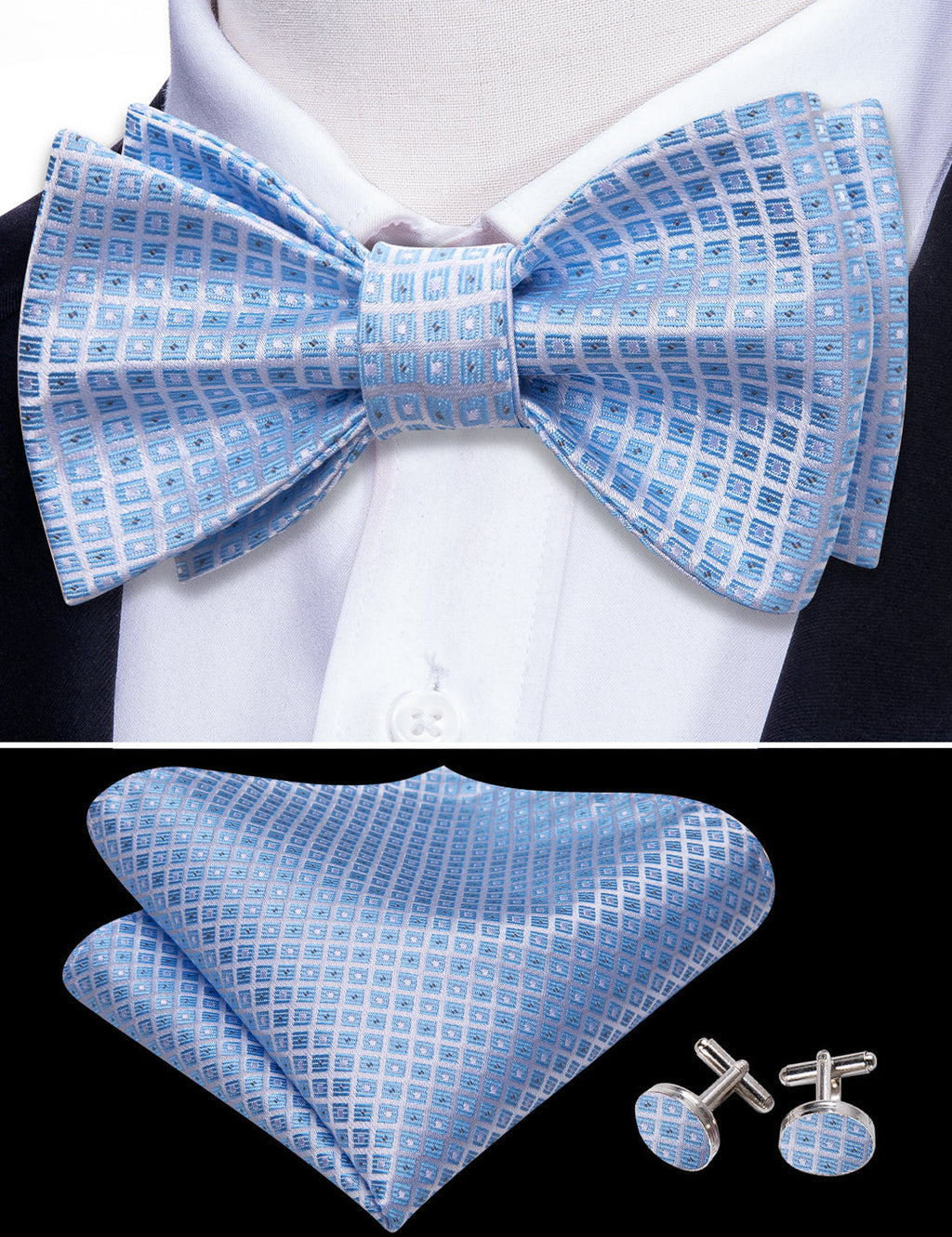 Blue Grey Plaid Bow Tie Set - GentCrest - View 3