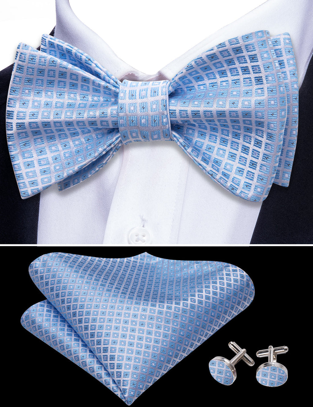 Blue Grey Plaid Bow Tie Set - GentCrest - View 4