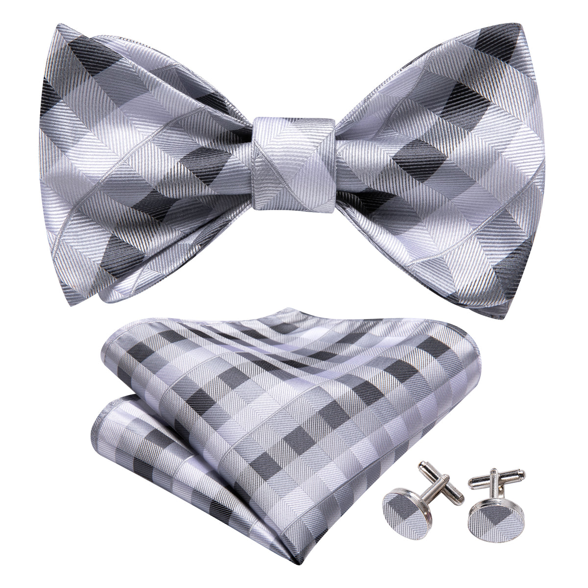 Grey White Plaid Bow Tie Set - GentCrest