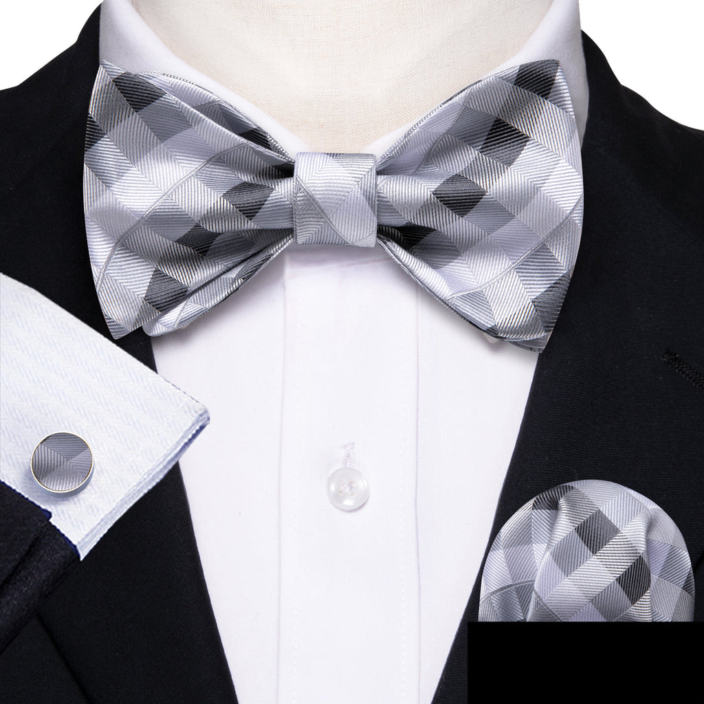 Grey White Plaid Bow Tie Set - GentCrest - View 2