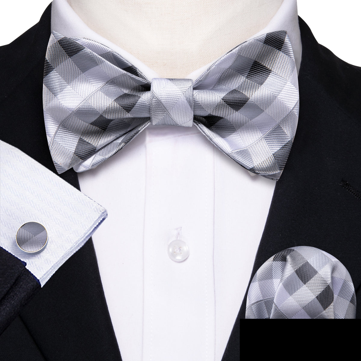 Grey White Plaid Bow Tie Set - GentCrest - View 2
