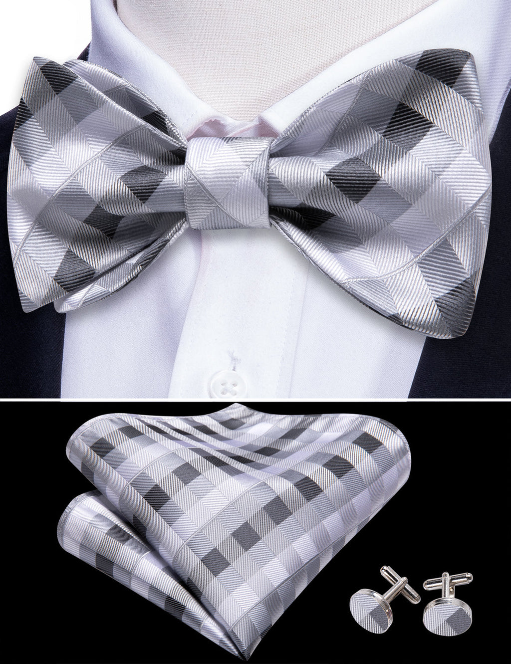 Grey White Plaid Bow Tie Set - GentCrest - View 3