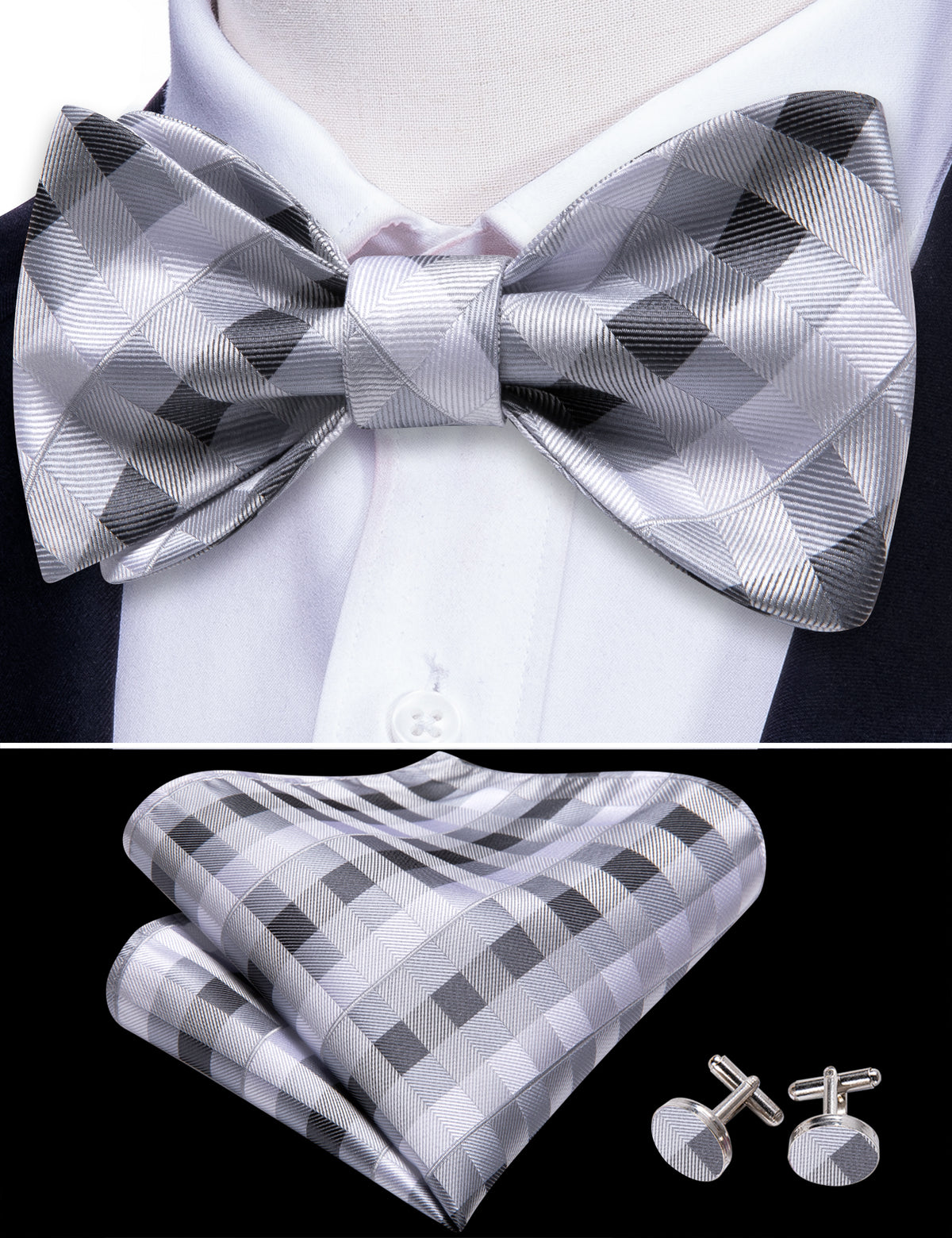 Grey White Plaid Bow Tie Set - GentCrest - View 3