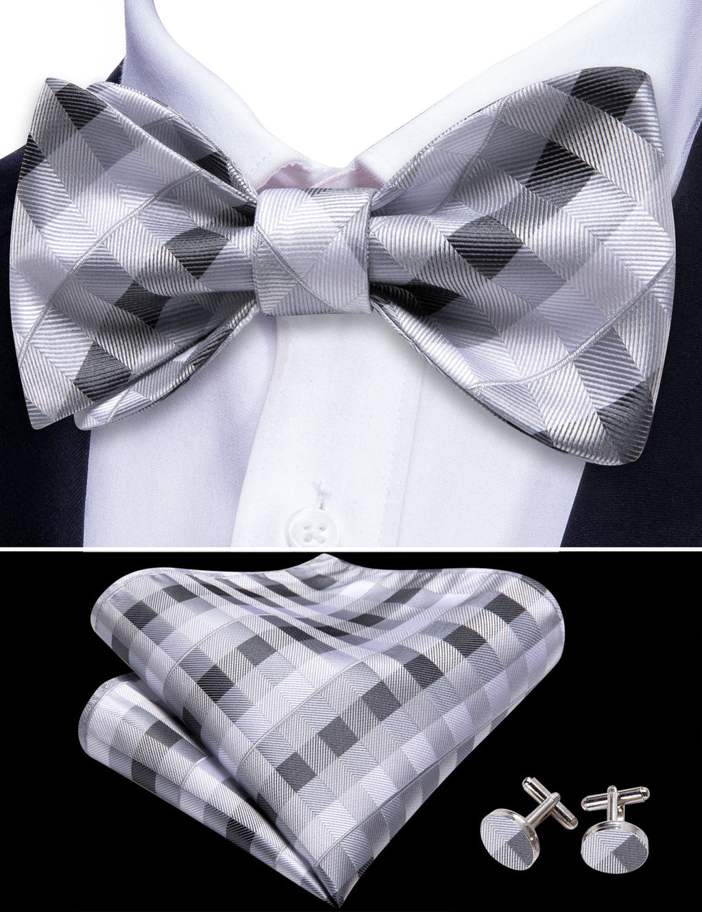 Grey White Plaid Bow Tie Set - GentCrest - View 4