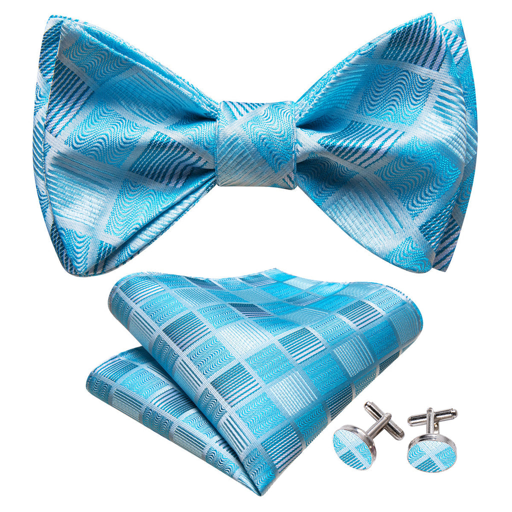 Sky Blue Plaid Bow Tie Set - GentCrest