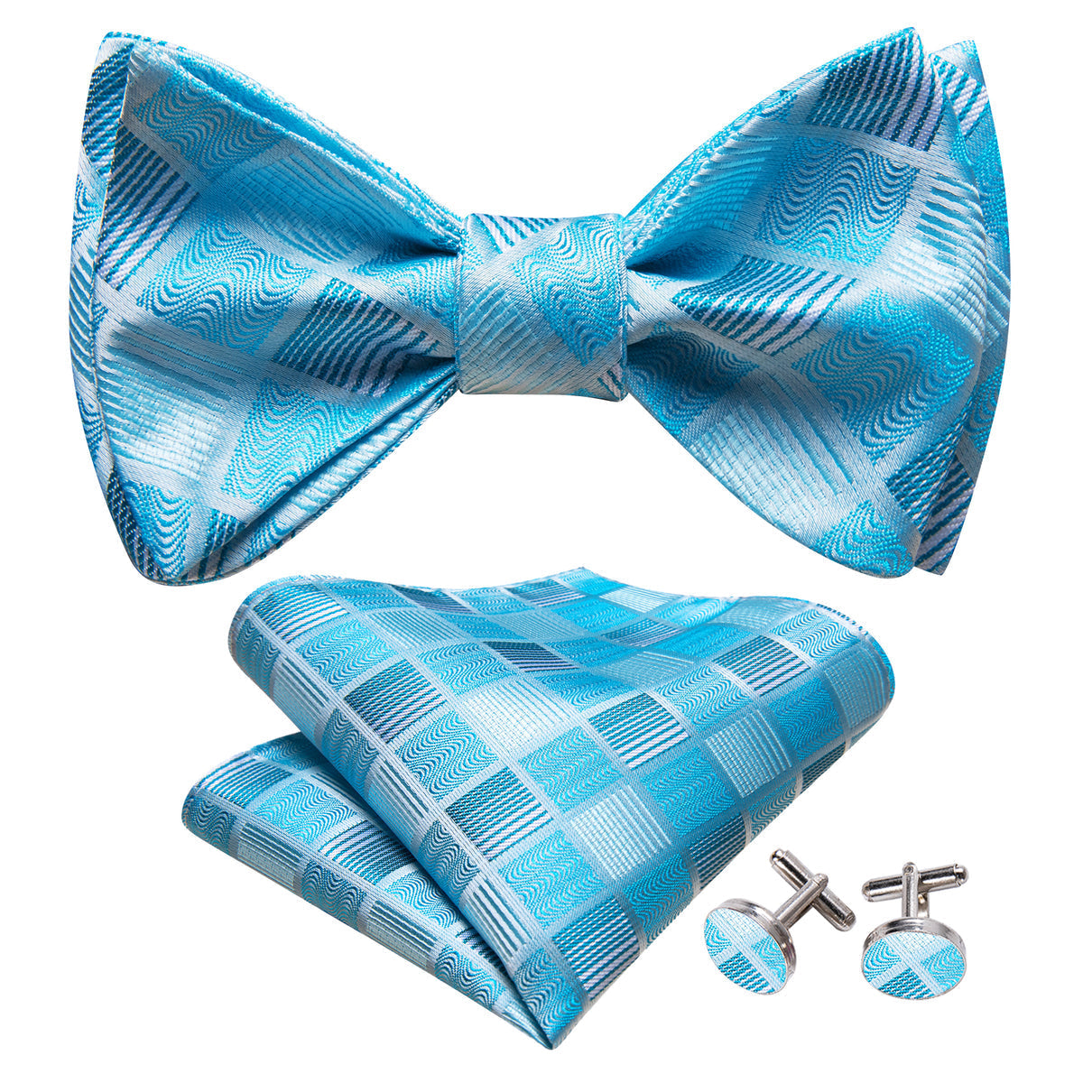 Sky Blue Plaid Bow Tie Set - GentCrest