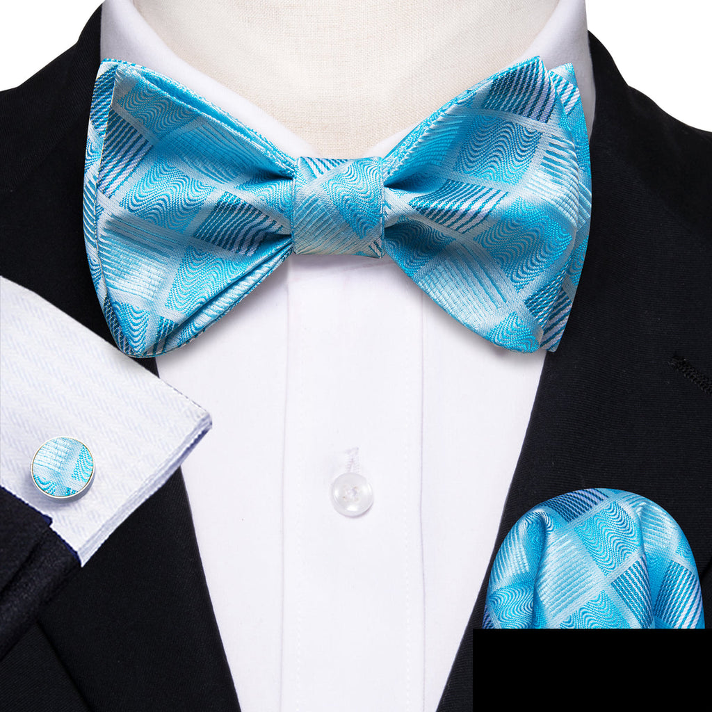 Sky Blue Plaid Bow Tie Set - GentCrest - View 2