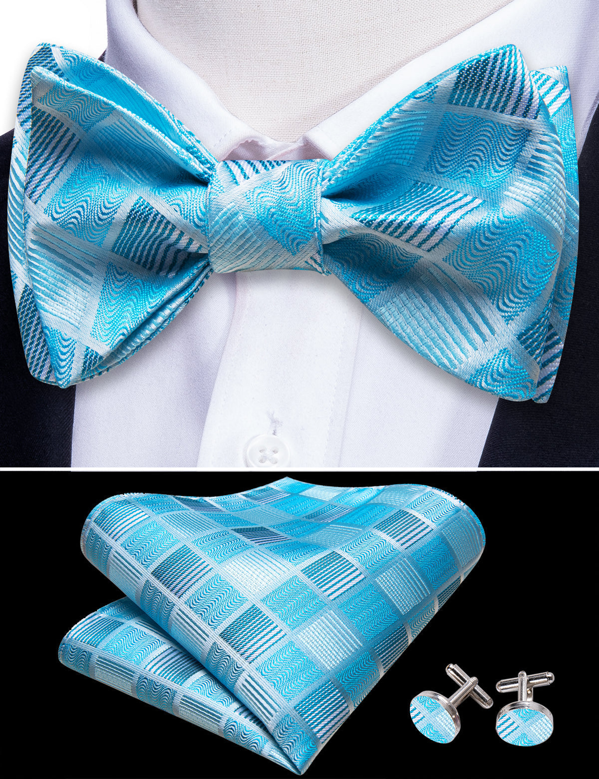 Sky Blue Plaid Bow Tie Set - GentCrest - View 3