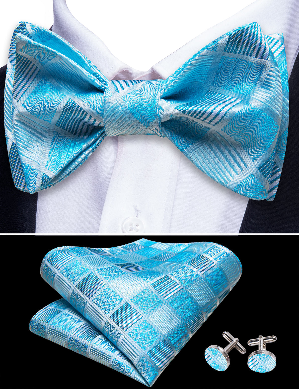 Sky Blue Plaid Bow Tie Set - GentCrest - View 4