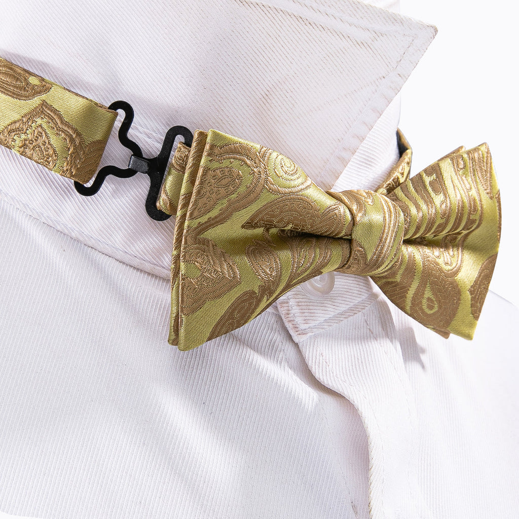 Yellow Golden Paisley Silk Children Bow Tie Set - GentCrest - View 4