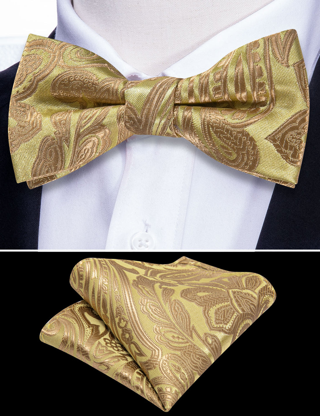 Yellow Golden Paisley Silk Children Bow Tie Set - GentCrest - View 5