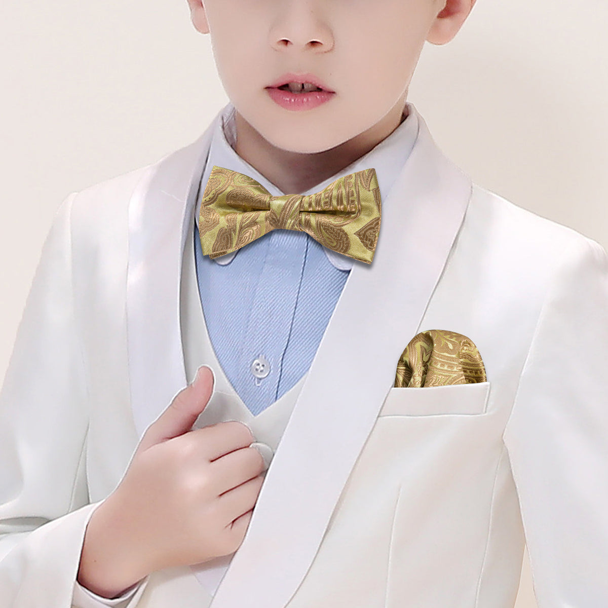 Yellow Golden Paisley Silk Children Bow Tie Set - GentCrest