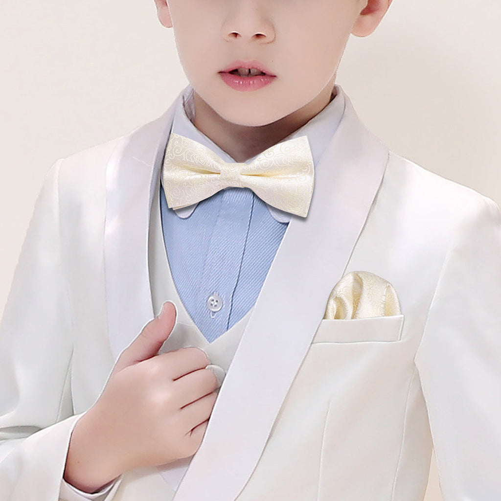 White Floral Silk Children Bow Tie Set - GentCrest