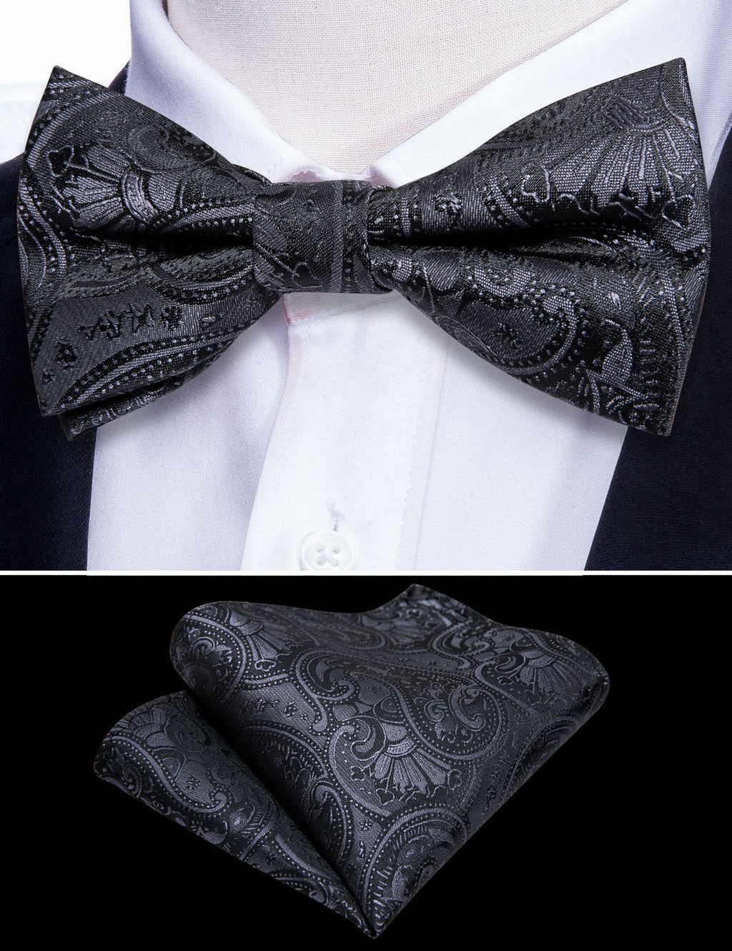 Black Paisley Silk Children Bow Tie Set - GentCrest - View 5