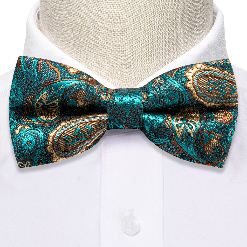 Teal Blue Paisley Silk Children Bow Tie Set - GentCrest - View 3