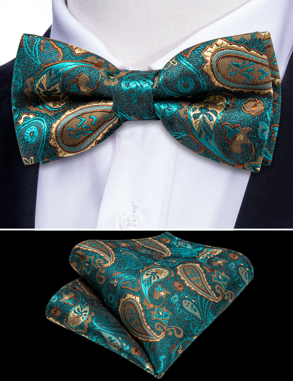 Teal Blue Paisley Silk Children Bow Tie Set - GentCrest - View 4
