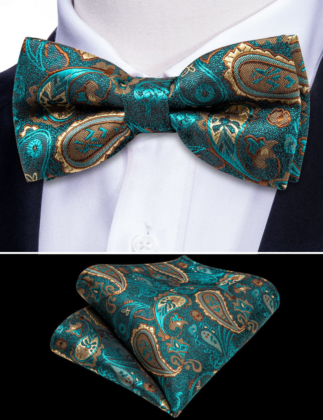 Teal Blue Paisley Silk Children Bow Tie Set - GentCrest - View 4