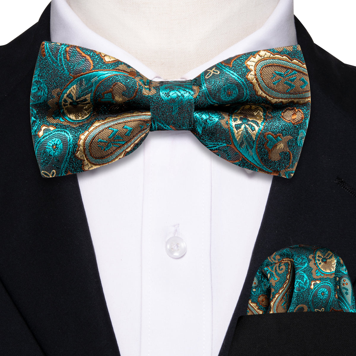 Teal Blue Paisley Silk Children Bow Tie Set - GentCrest - View 2