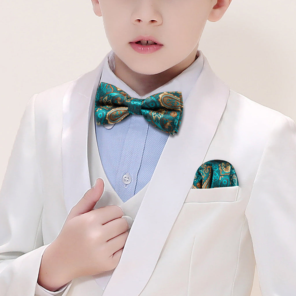 Teal Blue Paisley Silk Children Bow Tie Set - GentCrest