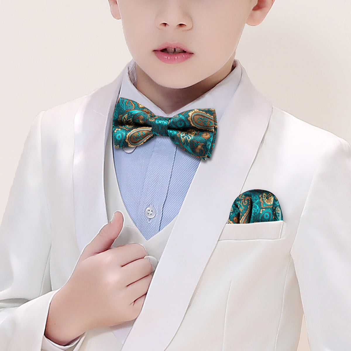 Teal Blue Paisley Silk Children Bow Tie Set - GentCrest
