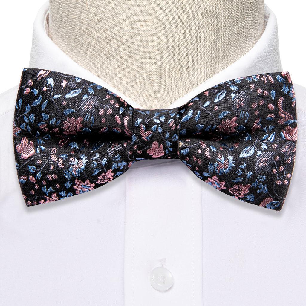Black Pink Floral Silk Children Bow Tie Set - GentCrest - View 4